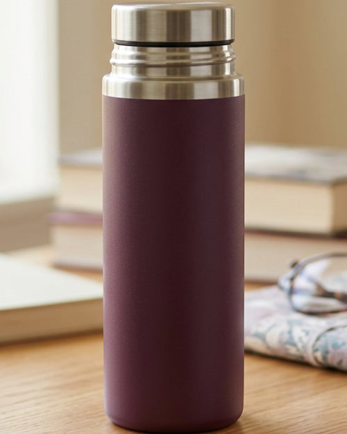Nelou Vacuum Insulated Cup 18 fl oz Deep Plum Twist Lid Tea Basket - Lifestyle view